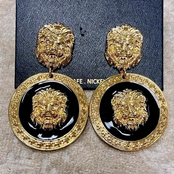 Brand New House of Harlow 1960 Lion Head Gold Tone Black Statement Drop Earring - Picture 4 of 14